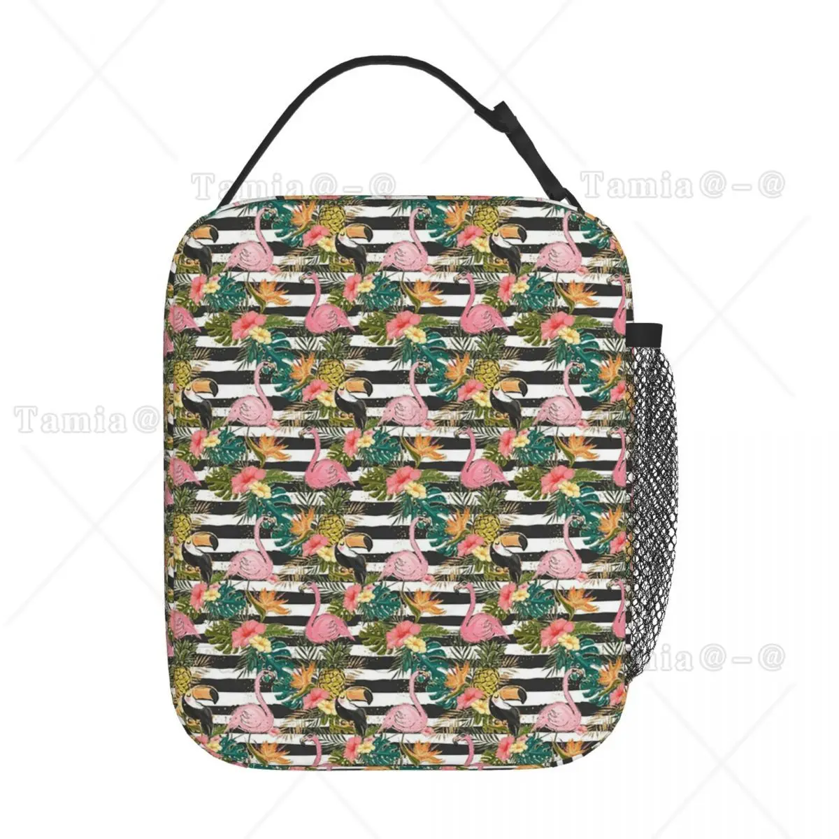 Black Striped And Cartoon Flamingo Insulated Lunch Bag for School Cooler Thermal Food Box Tote Leakproof Lunch Boxes Container