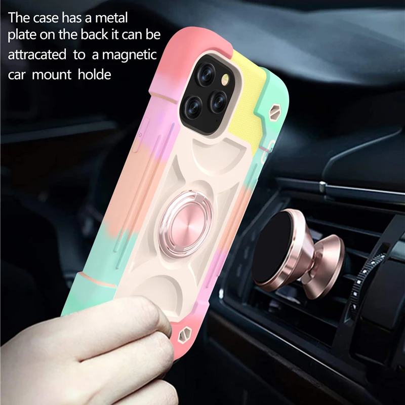 50pcs Armor Bumper Shockproof Phone Case For iPhone 13 12Pro 11 Pro Max XR XS Max X 7 8 Plus Colorful Ring Holder Hard PC Cover