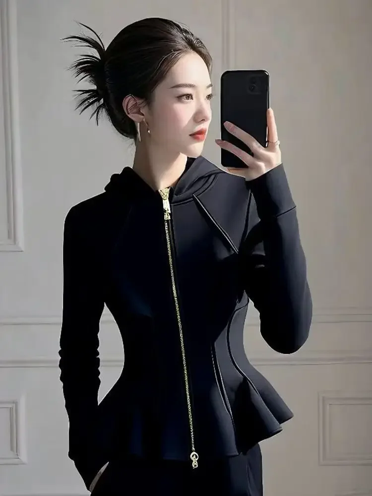 Cappotto con cappuccio con zip sportiva nera moda americana abbigliamento donna 2025 nuova giacca casual a vita sottile primavera autunno donna Harajuku