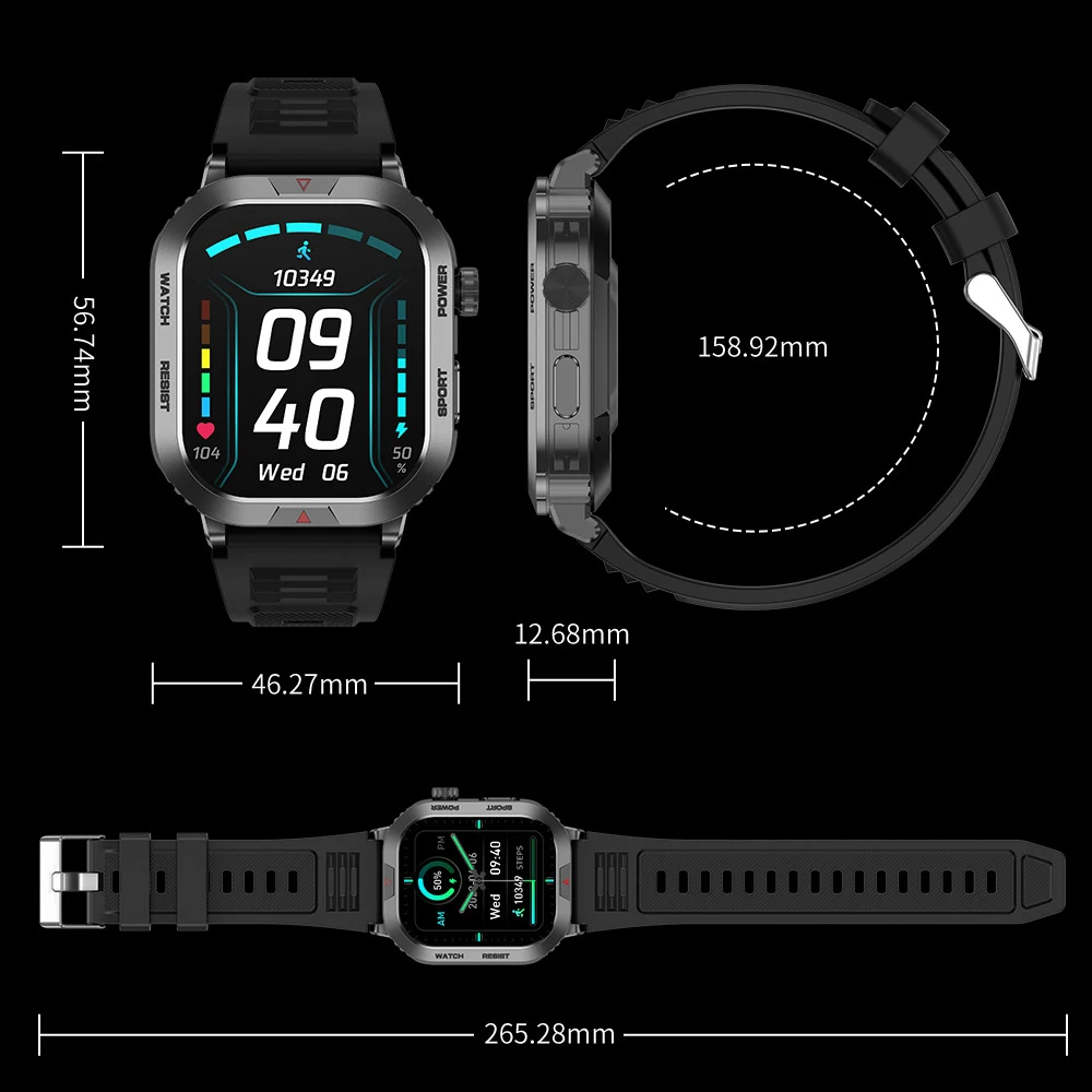 2.01' Blue tooth Call Smartwatch Outdoor Military Waterproof Smart Watches Men 300mAh Battery Heart Rate Sports Fitness Watches