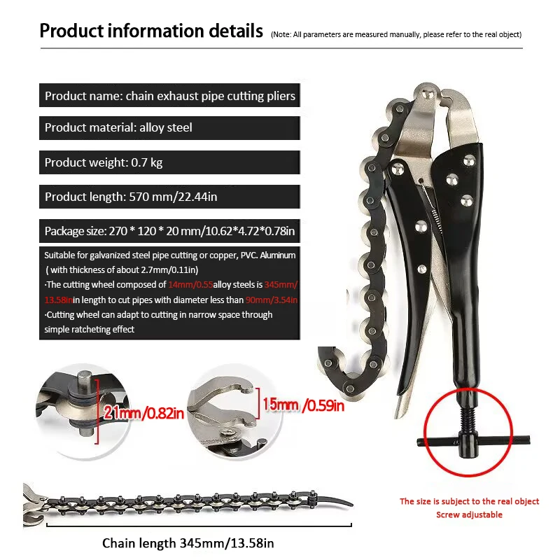 Heavy Duty Chain Pipe Cutter Locking Pliers Car Exhaust Tube Cutting Max Cut 80mm Diameter