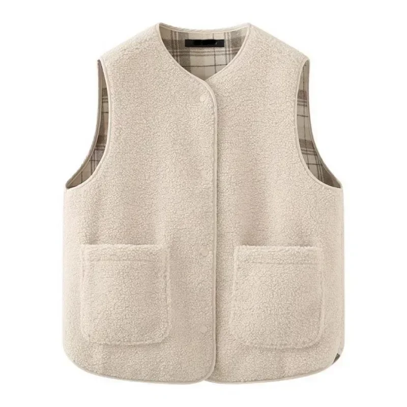 2024 New Spring and Autumn Winter Grid Pattern Two Sided Granular Fleece Vest Fashion Round Neck Clip Imitation Lamb Wool Vest