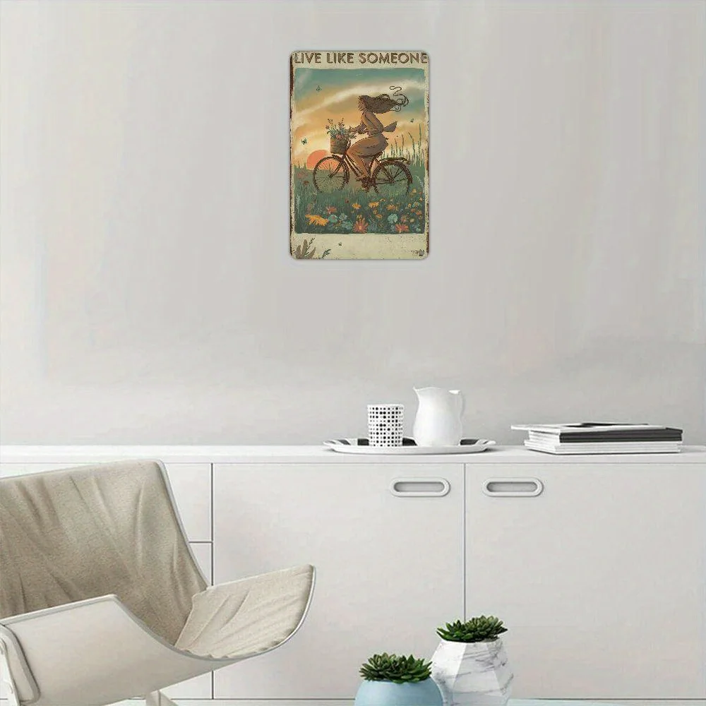 Vintage-style Metal Plate Depicting A Woman Riding A Bicycle Through A Field Perfect for Wall Decoration Cafe Decoration