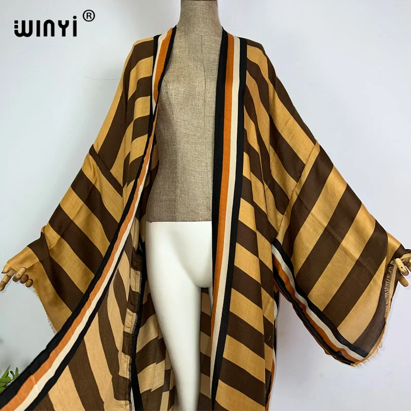 Winyi Kimono Afrika Sommer Boho Streifen Druck Strand Bade bekleidung elegante Strickjacke sexy Urlaub Maxi Strand tragen Badeanzug Abendkleid