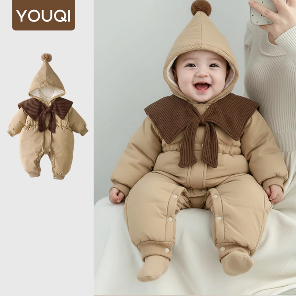 

Baby's Winter Warm Hooded Jumpsuit with Khaki Color and Thick Velvet Scarf Decoration Fur Ball Hat Outdoor Jumpsuit