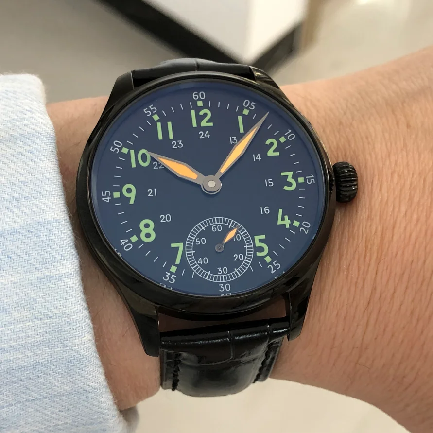 

41mm NO LOGO Sapphire Crystal Or Mineral Glass Black Luminous Dial Asian ETA6498 Mechanical Movement Pilot Men's ST3621 Watch