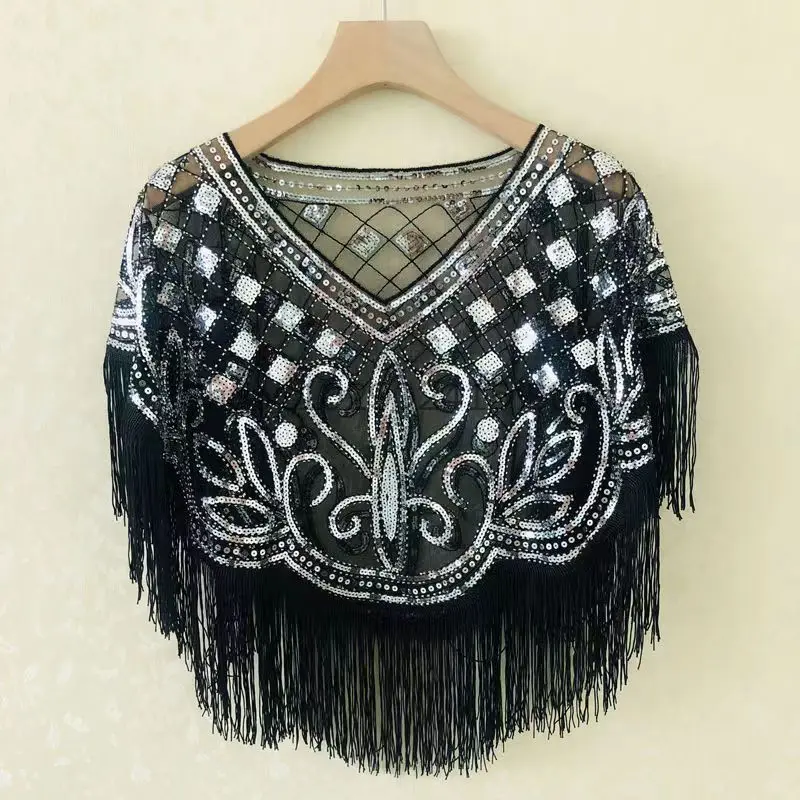 Fashion Black Gold Shiny Sequined Wedding Shawls Bolero Beaded Bridal Short Wraps Long Tassel Women Wedding Accessories