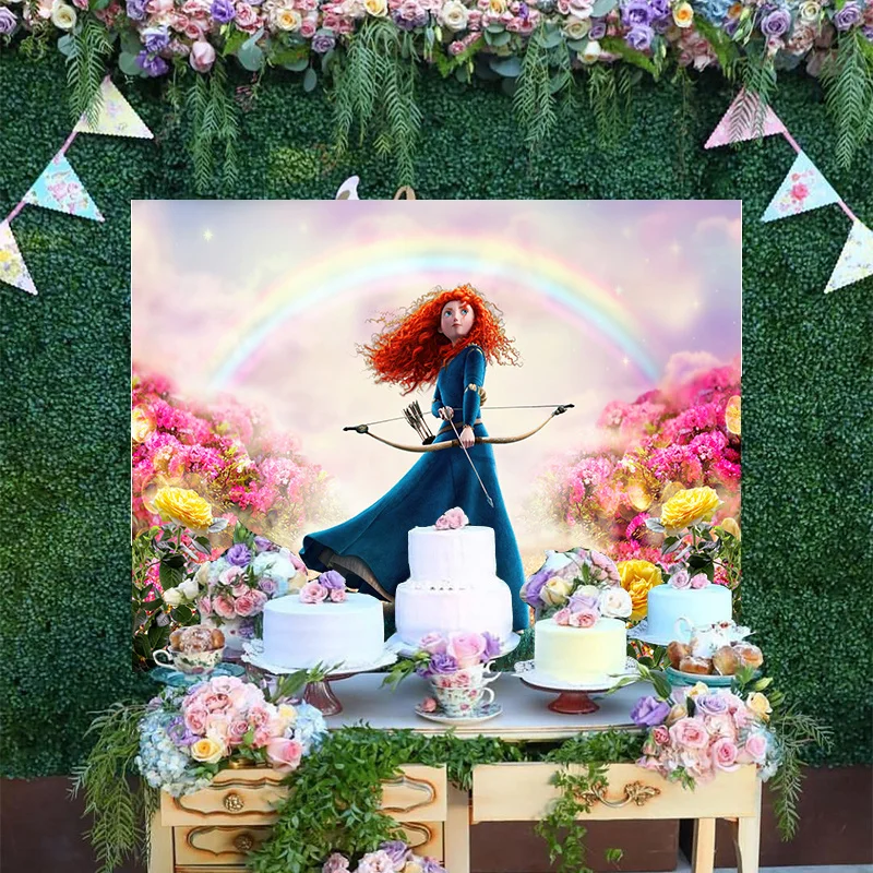 

Disney Cartoon Brave Long Curly Hair Merida Rainbow Photography Backdrop Girls Princess Baby Happy Birthday Party Background