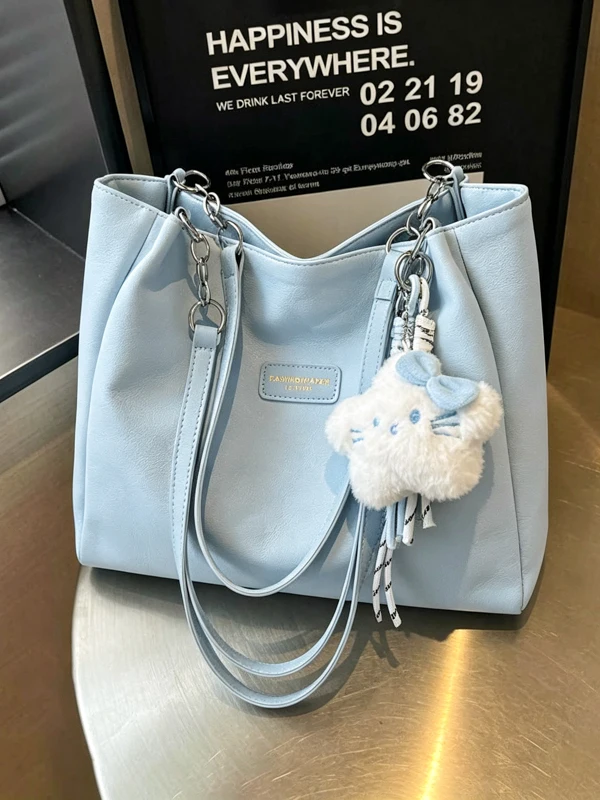 Fashionable Chain Strap Tote Bag Women's Shoulder Bag Casual Commuter Bag Student Class Bag Candy Color Soft Handle PU Material