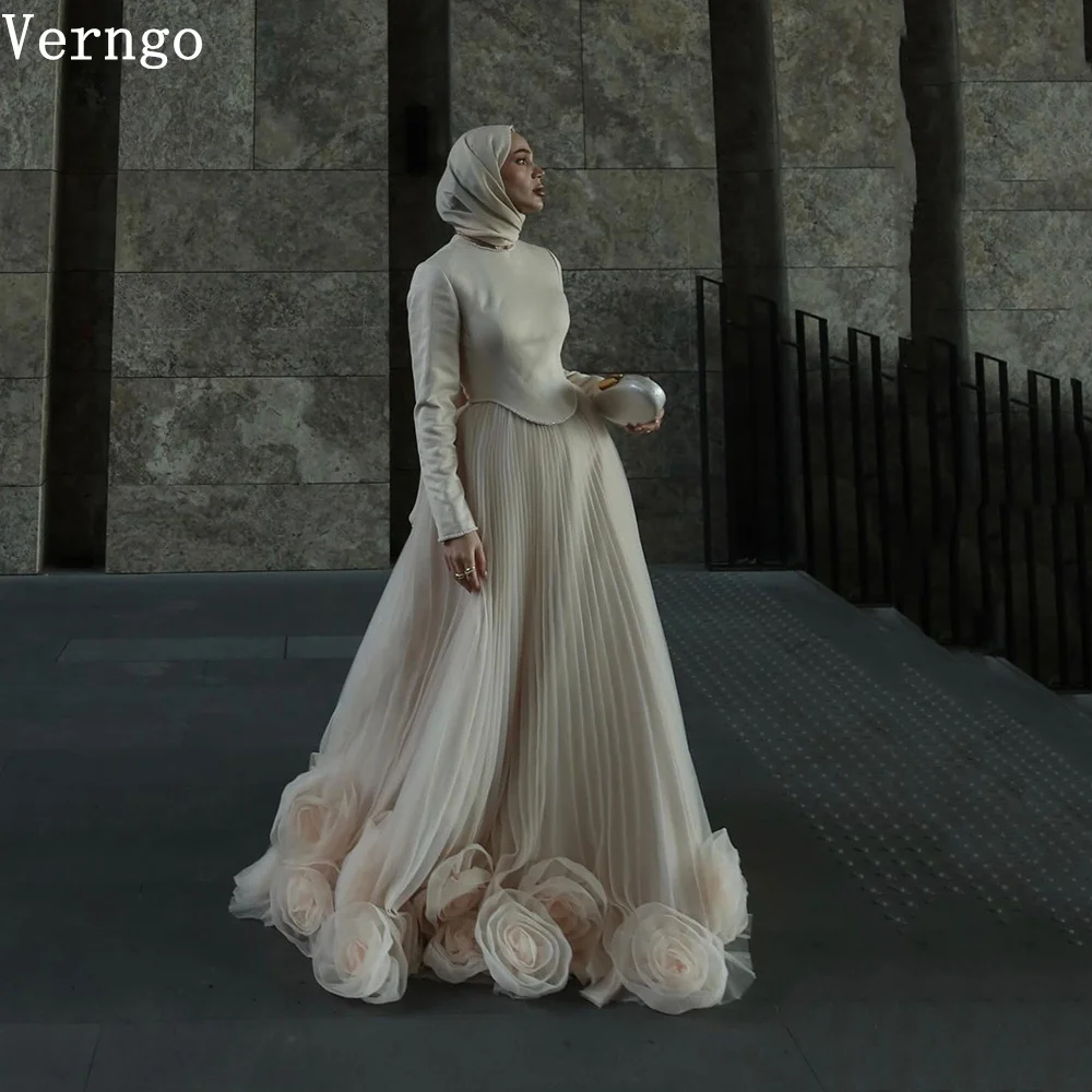 Verngo Champagne Oragnza Prom Gown 3D Flowers High Neck  Arabic Party Dress Full Sleeves Modeat Evening Dress Customized