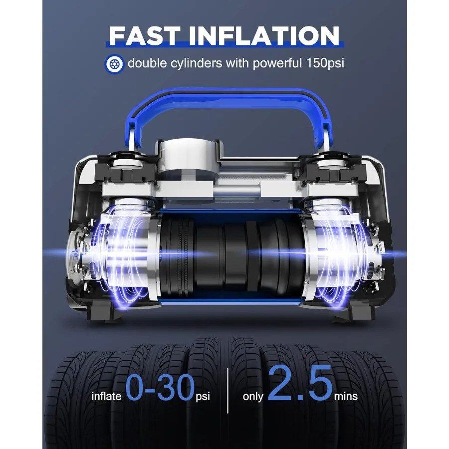 مضخة هواء محمولة شديدة التحمل مع ضوء LED للطوارئ لشاحنة SUV سيارة RV 150PSI 12 فولت تيار مستمر اسطوانات مزدوجة منفاخ لإطارات السيارة كوم