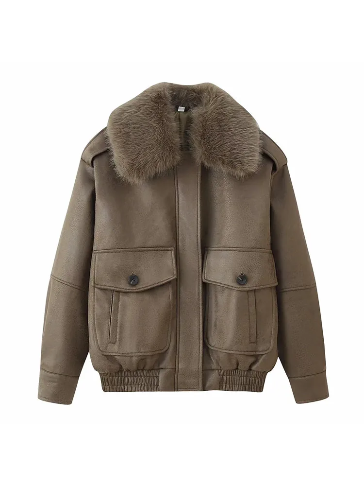 

Женская куртка со съемным воротником из искусственного меха, осень-зима 2023, женская куртка с длинным рукавом и карманами, свободная верхняя одежда, женская уличная одежда