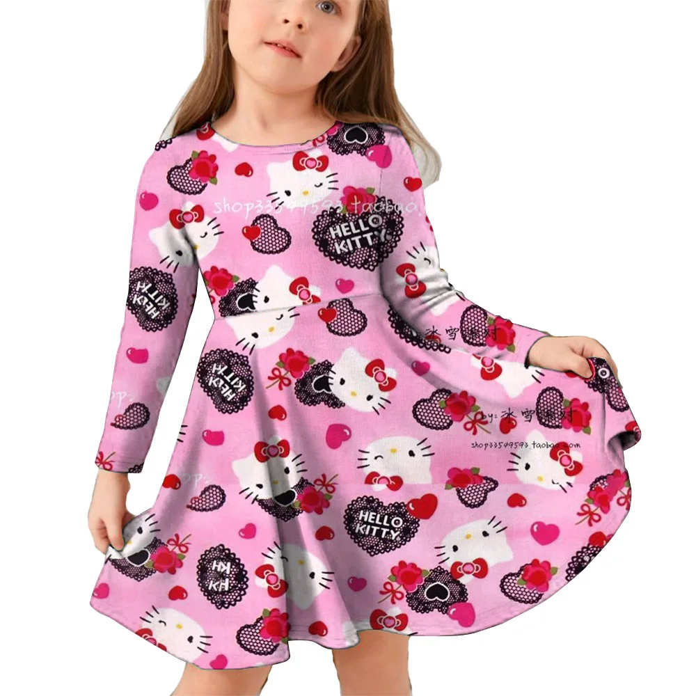 Kuromi New Summer Girls Dress Fashion Cartoon Cute Hellokitty & Melody 3D Printed Dresses Kids Lonhg Sleeve Princess Clothing