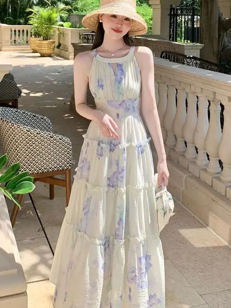 프랑스 스타일 여성 드레스 우아한 꽃 인쇄 홀터넥 오프 어깨 민소매 긴 드레스 부드러운 Vestidos Femme