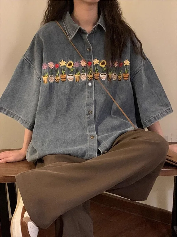 

plus Size American Sle Distred Denim irt Loose Fit ort Sve Waed Vintage Embroidery Men Women Fat People 300 Lbs