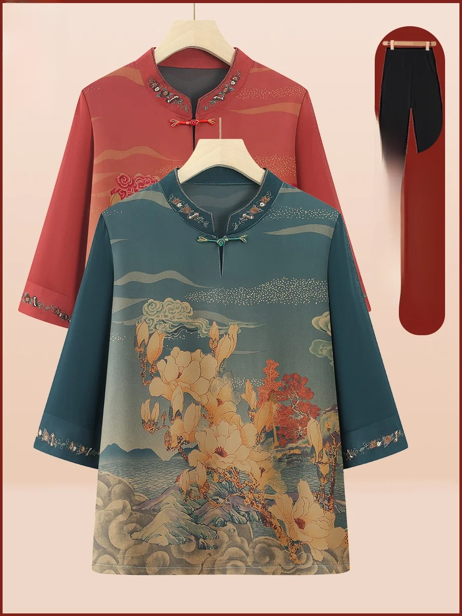 Lightweight Summer T-irt for Middle-Aged And ly Women Seven-Sve Mommy Sle Thin Fabric Upper Body Clothing andmo...