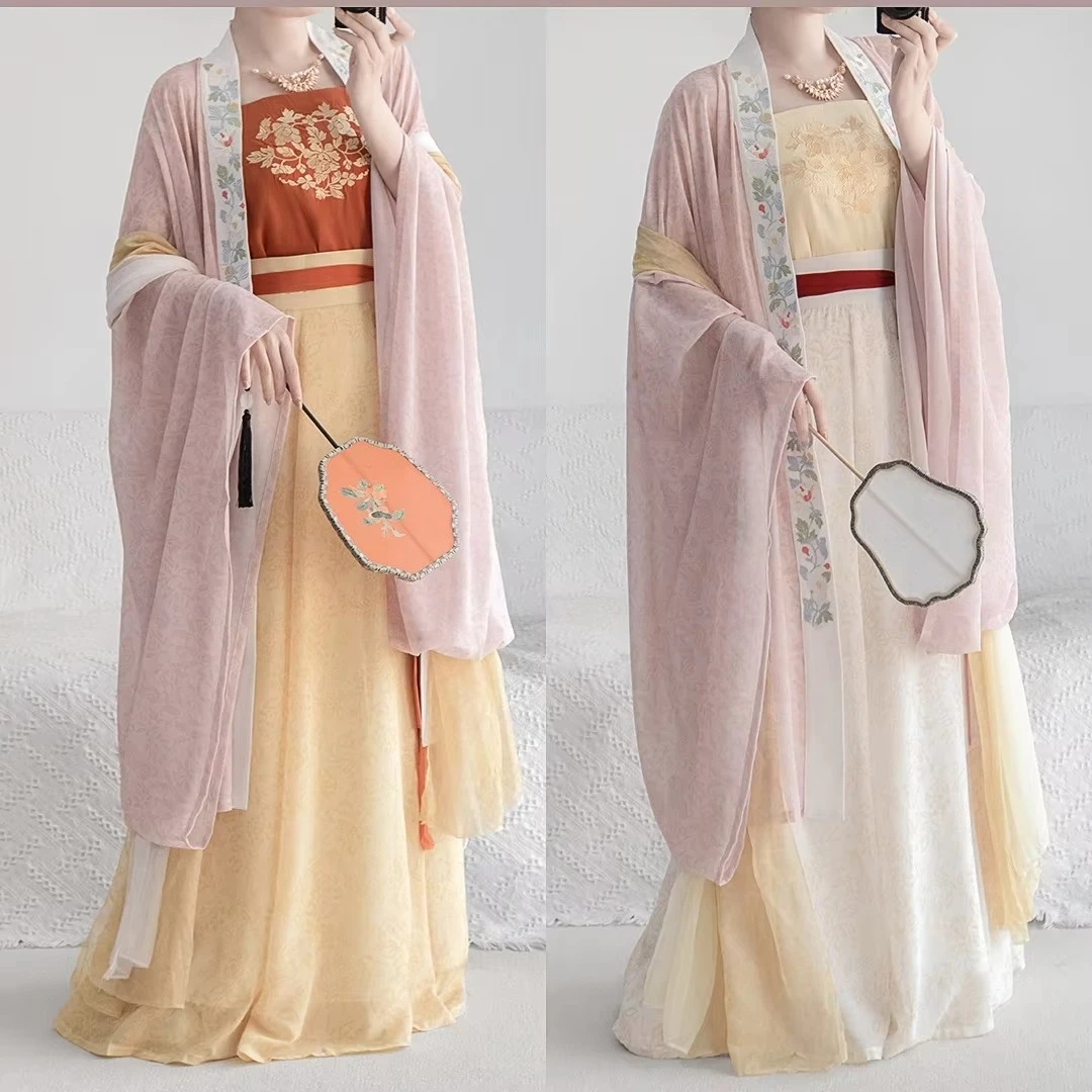 New Chinese Ancient Song Dynasty Big Sleeve Coat Embroidery Vest Long Loose Skirt Three Piece Elegant Loose Hanfu Set W666
