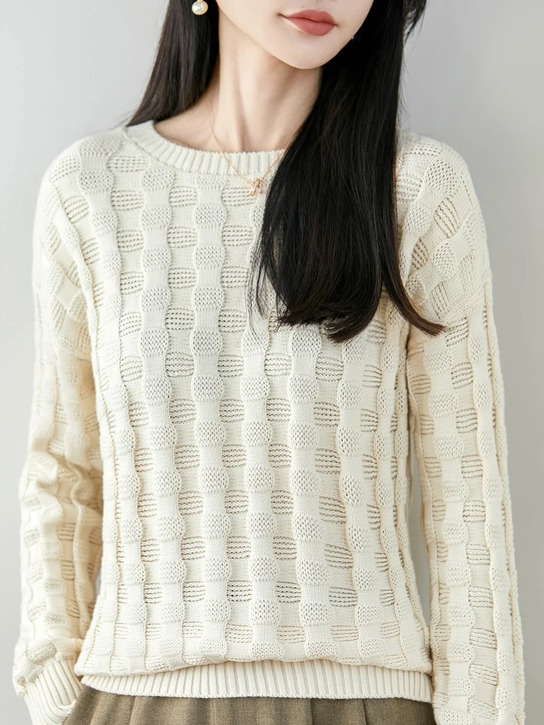 New Textured Knit round Neck Loose Fit Pure Cotton Women's Sweater Soft Comfortable Long Sleeve Base Layer Shirt Full Cotton ...