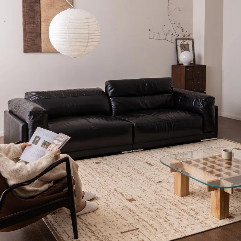 Leather sofa living room straight row imported oil wax leather, obsidian black contact surface leather, large three-person 2.57m