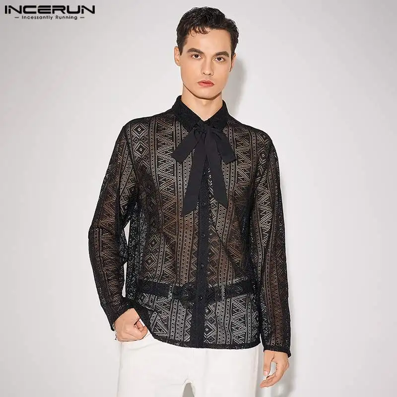 Stylish Casual Style Tops INCERUN 2024 Mens Vertical Strip Hollow Blouse Sexy See-through Lace Striped Long-sleeved Shirts S-5XL