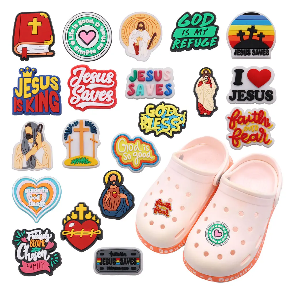 Sell Retail 1-20pcs PVC Shoe Charms Cross God Bible Mural Jesus Saves Accessories Shoes Buckles For Kids Birthday Present