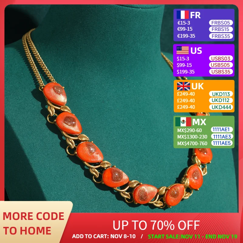 

Orange Choker Necklace Vintage Luxury Jewelry Collar Woman Antique Gold Color Leaves Powder Glass Water Drop Accessories 2025