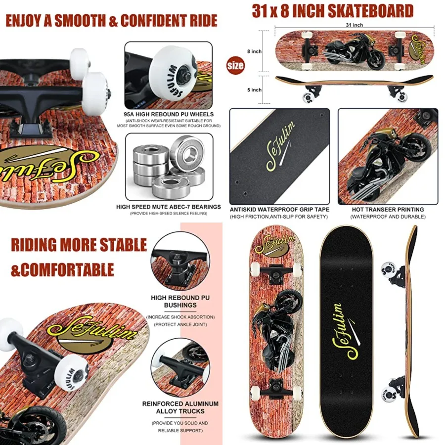 

31 x 8 Inch Complete Skateboard 7 Layer Canadian Maple Double Kick Deck Concave Cruiser Trick Skateboard for Boys Girls Teens A