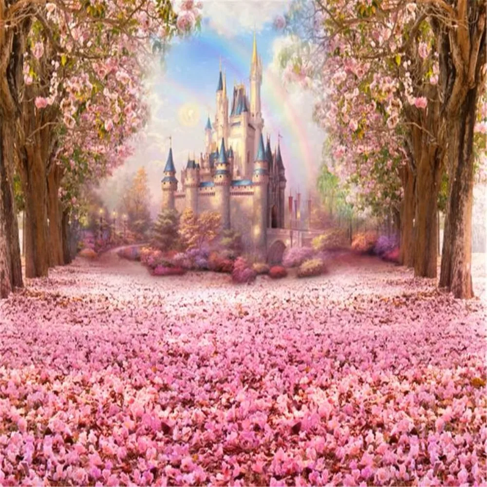 Cymbozin Princess Girl Fairytale Backdrop Printed Pink Cherry Blossoms Flower Trees Petals Rainbow Kids Castle Photo Backgrounds