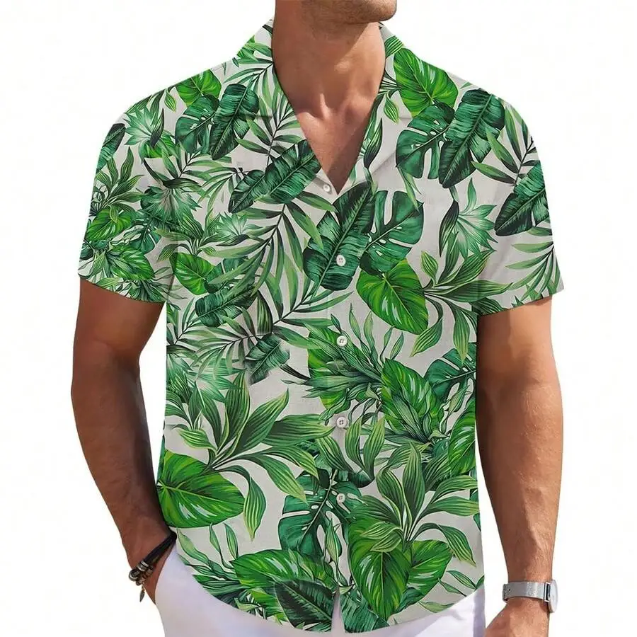 

Mens Hawaiian Shirt With Curved Hem Tropical Leaf Print Soft Polyester Casual Short Sleeve