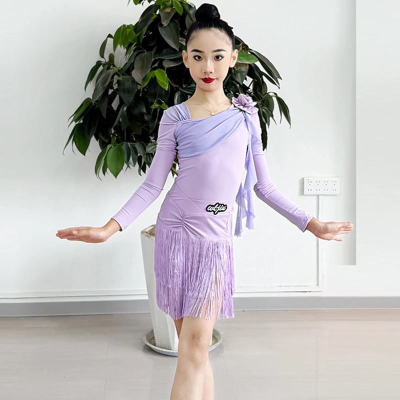 

Платье с бахромой, юбка, детский стандартный костюм для латинских танцев, платье для сальсы и латинских танцев для девочек, платья для соревнований по бальным танцам, детские платья