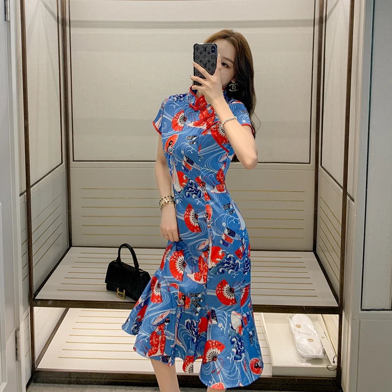 

SZOS Sle Mid-Length Floral Print Slim-Fit Fi-Tail Dr Ele Daily Qipao ort Sve Summer New Arrival for Women 25-35