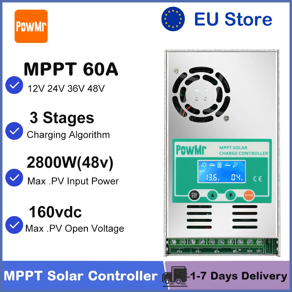 Regolatore di Carica Solare PowMr MPPT 60A 12V 24V 36V 48V, Regolatore Intelligente Solare Max PV 160Vdc Compatibile con Batterie LifePO4 per Casa, Camper, Barca