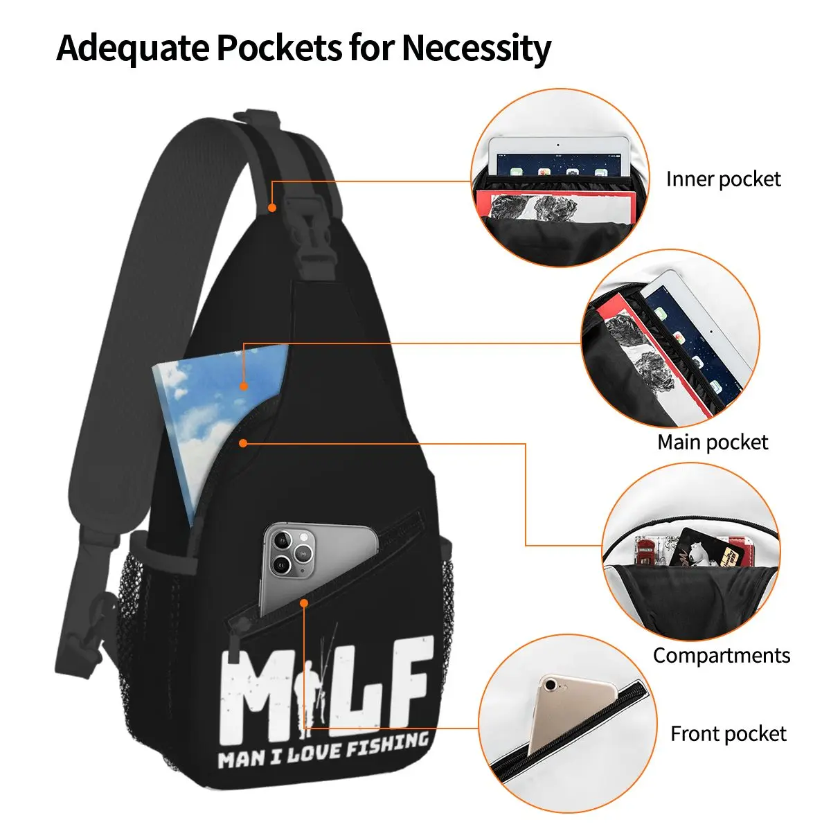 MILF Man I Love Fishing Retro Crossbody Sling Bag for Men Women Chest Bag Shoulder Backpack Daypack for Hiking Travel Sports Bag