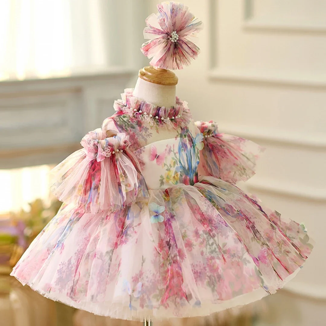 Custom Flower Girl Dress Wedding Gown Birthday Party Pageant Floral Print Off Shoulder Tulle Baby Dress فساتين اطفال