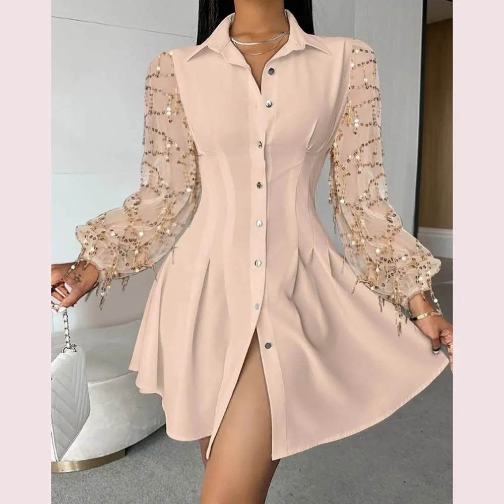 

New Elegant 2024 Sequin Fringe Design Mesh Patch Long Sleeved Dress Lapel A-Line Shirt Dress