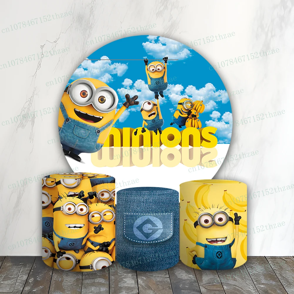 

Minions Birthday Party Photo Backdrop Baby Shower Photo Background Round&Cylinders Plinth Covers Decoration