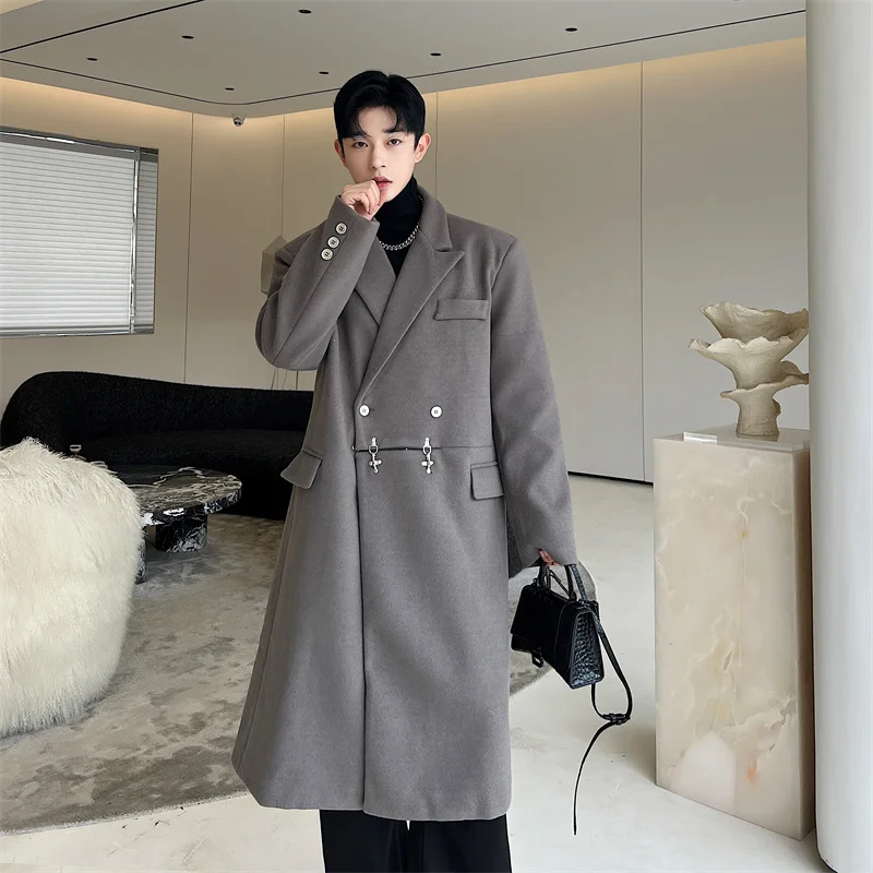 

Korean Sle Thiened Woolen Coat Men's Autumn Winter Long Jaet Double Breasted Plane Bule Briti Sle Youth Energy