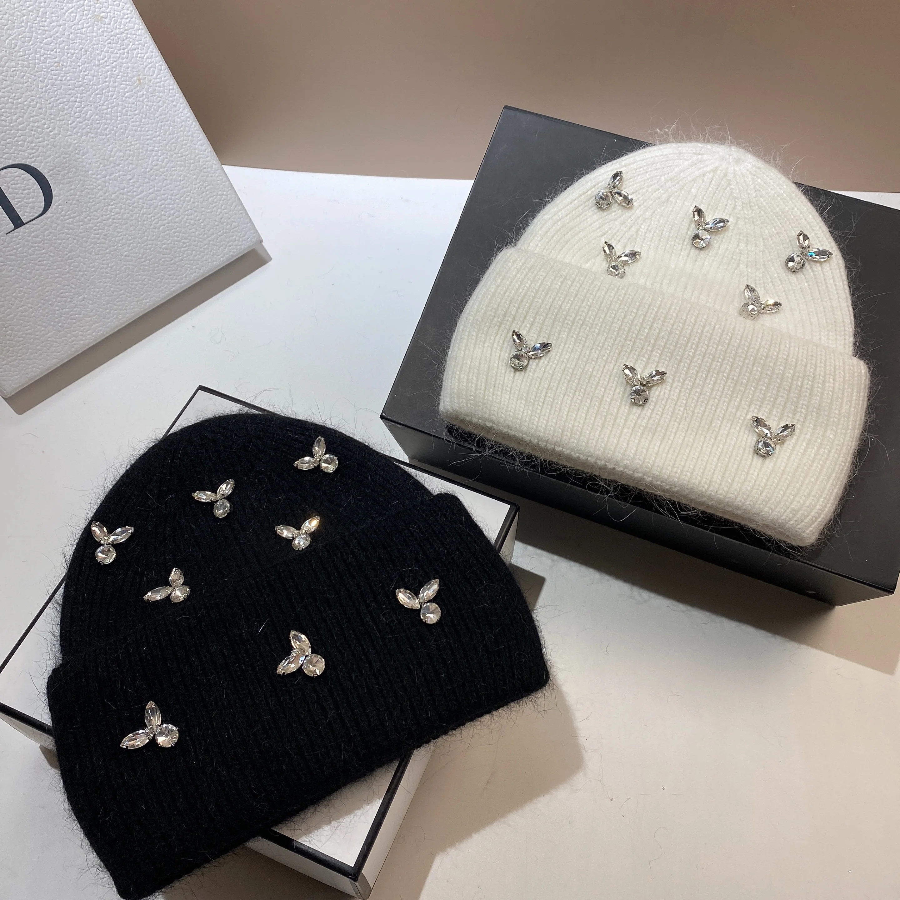 New Autumn and Winter Warm Water Diamond Rabbit Hair Knitted Hat Fashion Celebrity Style Age Reducing Ear Protection Hat