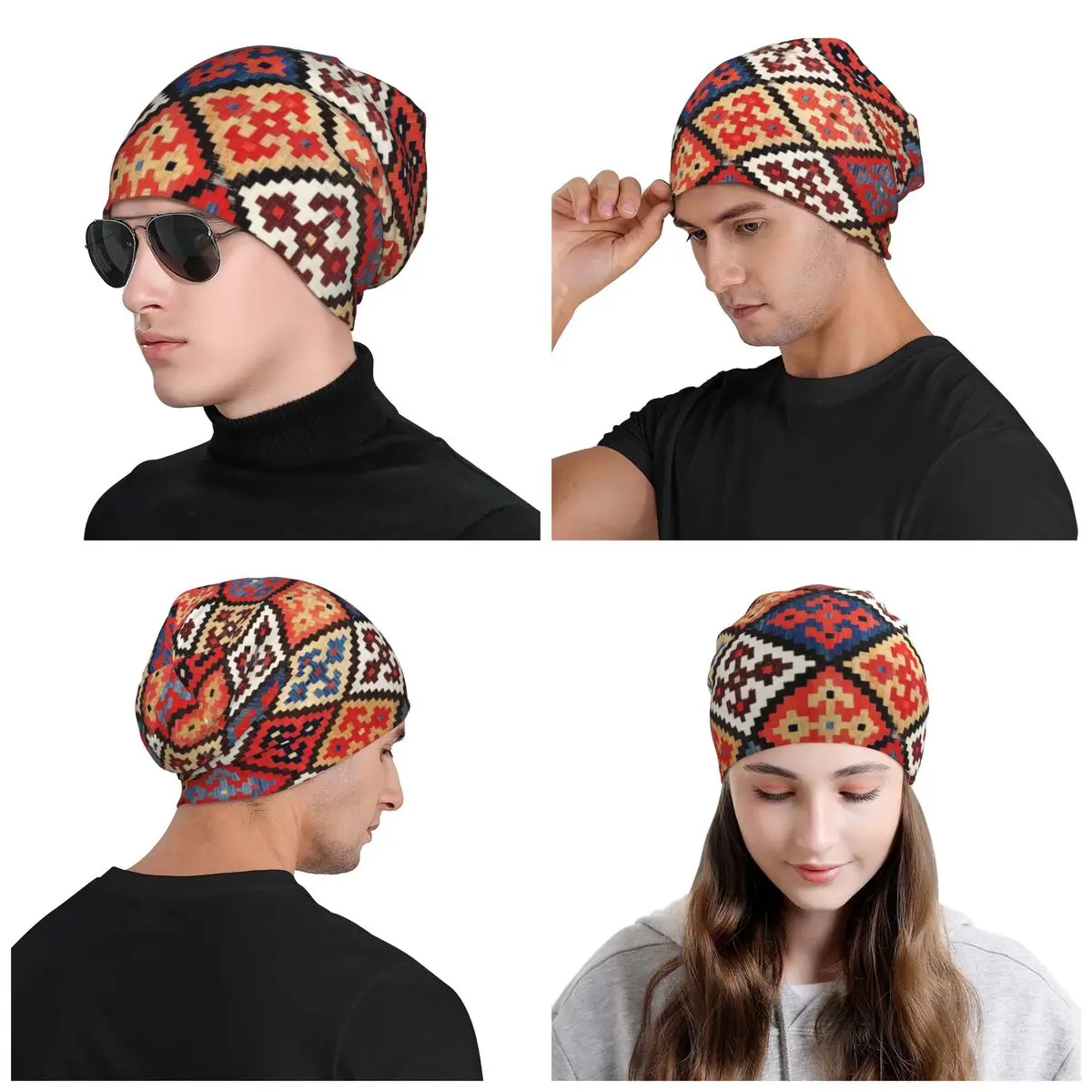 Custom Persian Kilim Print Skullies Beanies Caps Cool Warm Knitted Hats Unisex Bohemian Geometric Ethnic Style Bonnet Hats