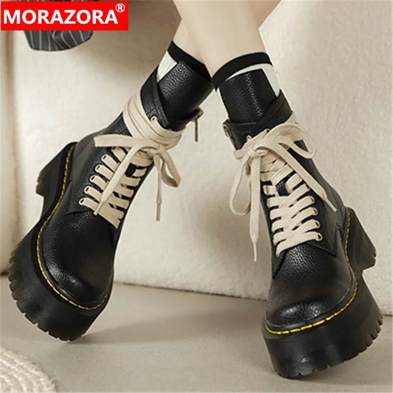 

MORAZORA 2024 New Genuine Leather Narrow Band Ankle Boots Sewing Zipper Platform Spring Boots Square Med Heels Shoes