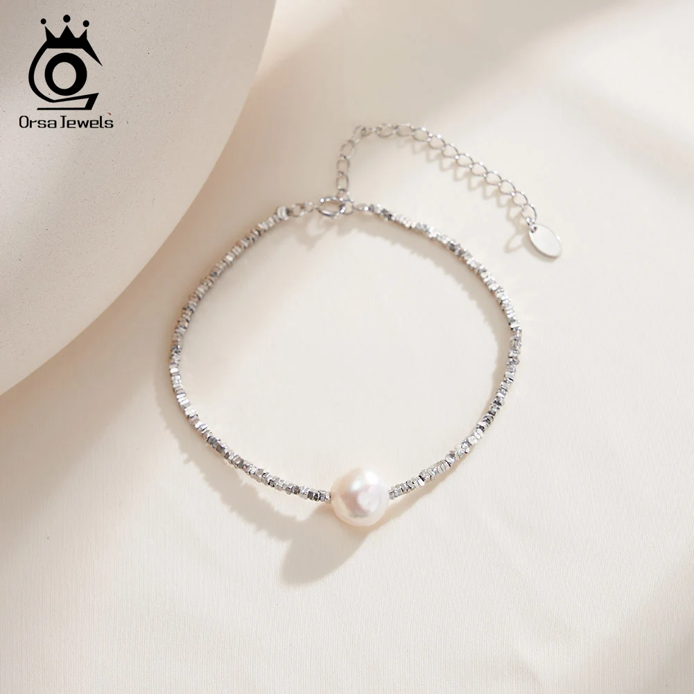 

ORSA JEWELS 925 Sterling Silver Baroque Pearls Chain Bracelet Rhodium Plated Charm Bracelet on hand Women Accessories GPB19