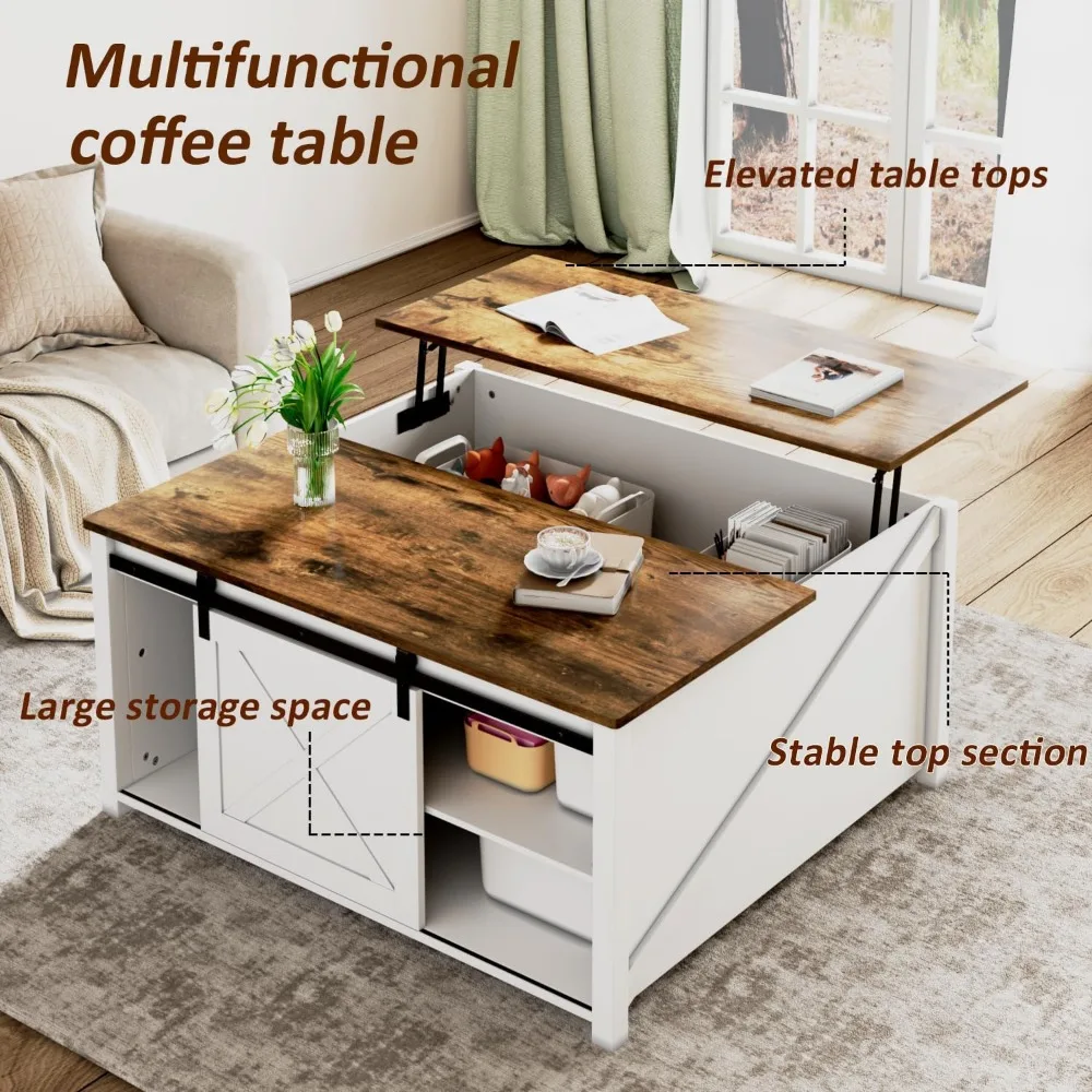 Mesa de centro elevatória com armazenamento, mesa de centro de fazenda com tampo elevatório para sala de estar, sala de estar de madeira branca rústica