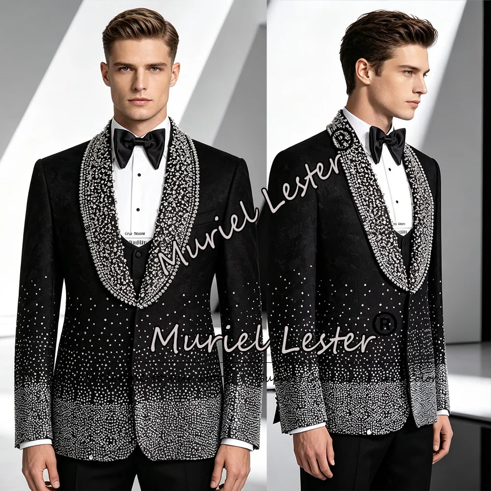 

Luxury Beaded Stones Embellished Groom Wedding Suits Customized Shawl Label Prom Blazer Man Red Carpet Tuxedo Attire Ropa Hombre