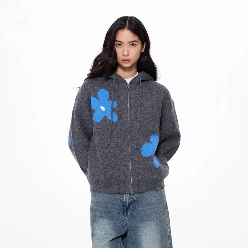 플라워 후드 스웨터 레이지 니트 스타일 가디건 가을 겨울 아우터 지퍼 캐주얼 트렌디 탑