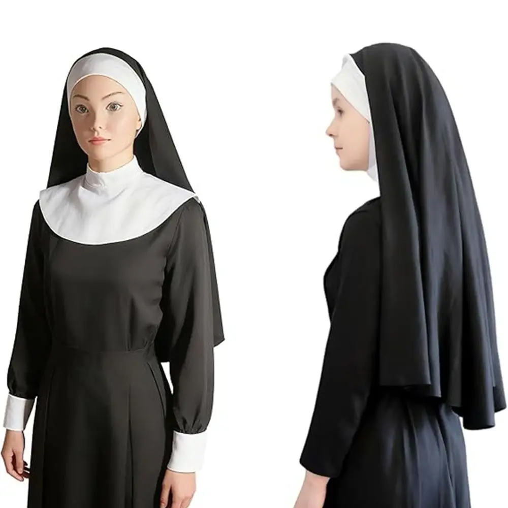 1/3Pcs Creative Nun Costume Set Nun Collar Cross Necklace Gothic Hat White Collar Nun Headpiece Victorian