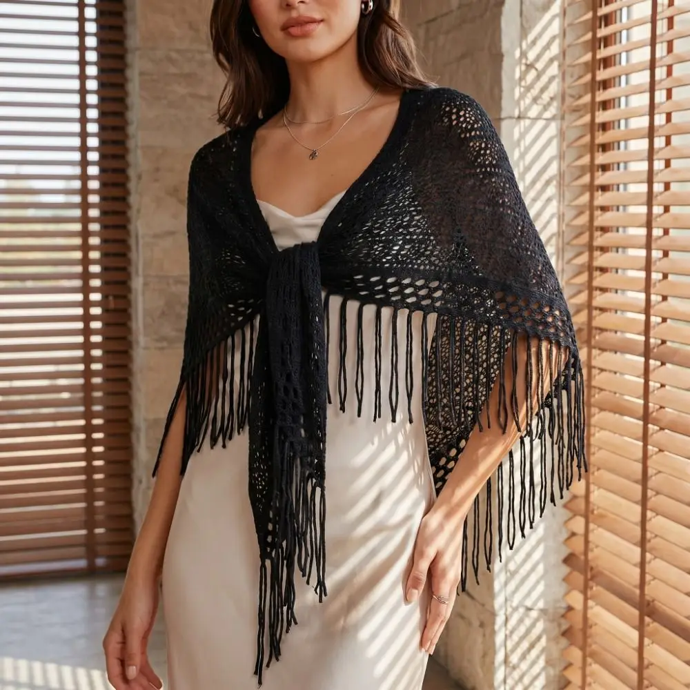 All-match Cape Knitted Triangle Scarf Wraps Crochet Hollow Out Scarves Solid Color Thin Fart Curtain Women