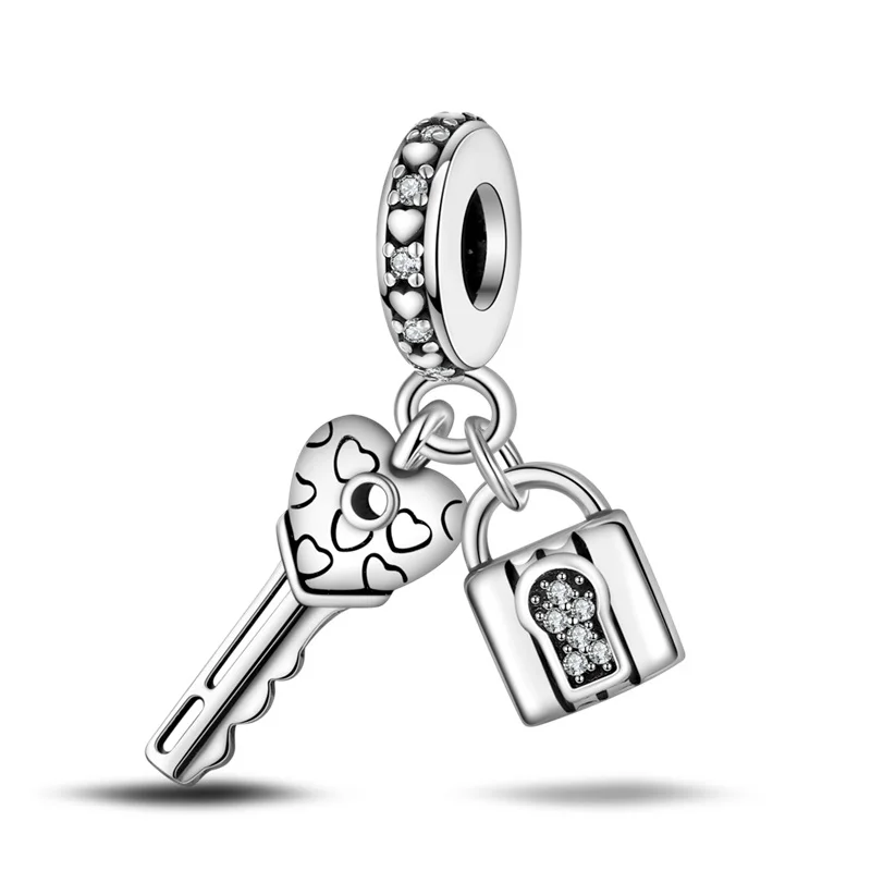 Original 925 Sterling Silver 2Pcs Key Lock Heart Charms Beads Zircon Dangle For Women Fine DIY Birthday Jewelry Gifts