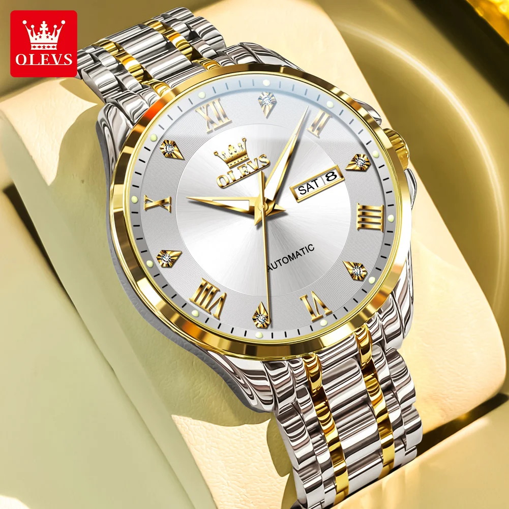 

OLEVS мужские часы простые повседневные автоматические механические наручные часы из нержавеющей стали водонепроницаемые светящиеся часы для мужчин часы с датой и неделей