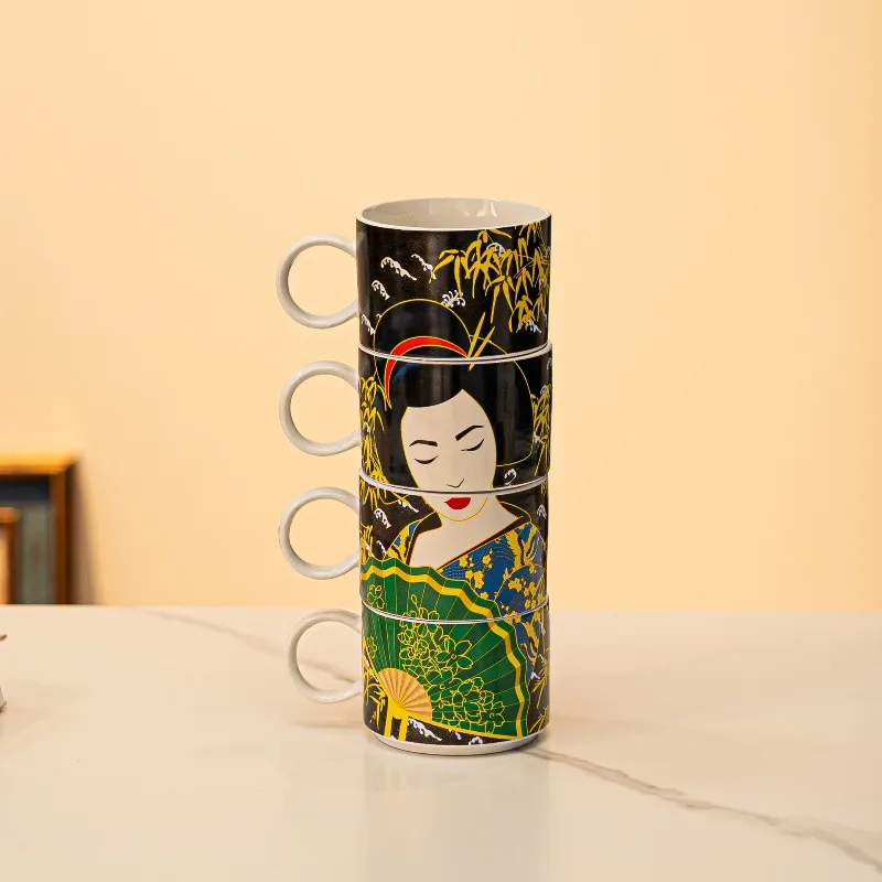 Japanese geisha printed stacking cup,ceramic coffee cups set,home and office tea water cup, afternoon tea coffee cup home decor