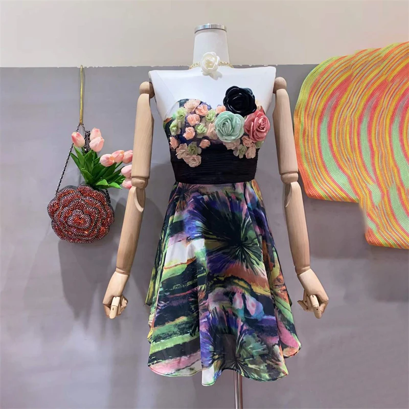 

Summer New Arrival Floral Dress Tube Top Heavy Industry Three-Dimensional Flower Short Skirt Ruffled Skirt Elegant Women's